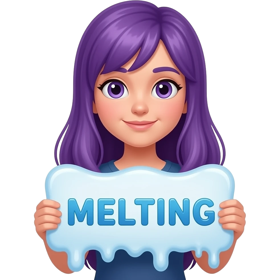 girl with long purple hair holding a MELTING... sign emoji