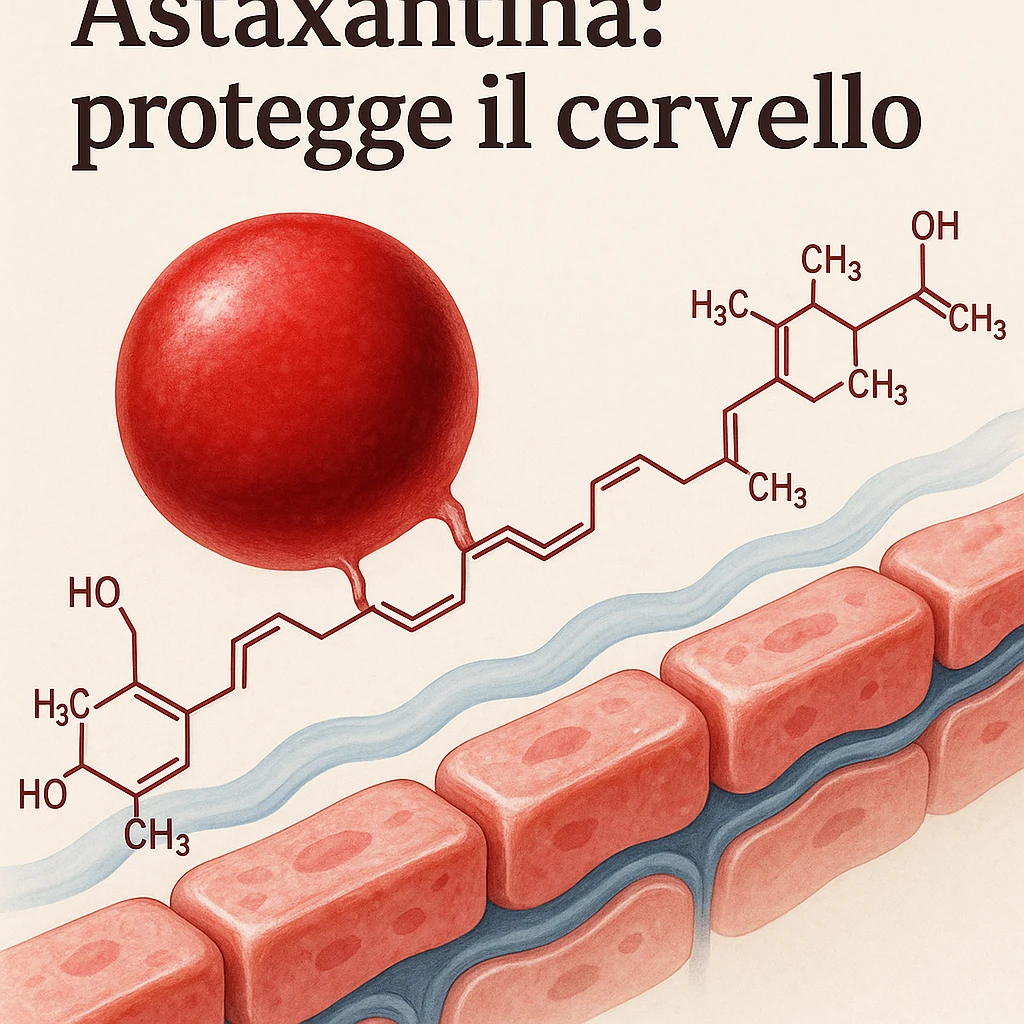 hyper realistic red astaxanthin molecule crossing a stylized blood-brain barrier, scientific atmosphere, light background, with Italian text 'Astaxantina: protegge il cervello' emoji