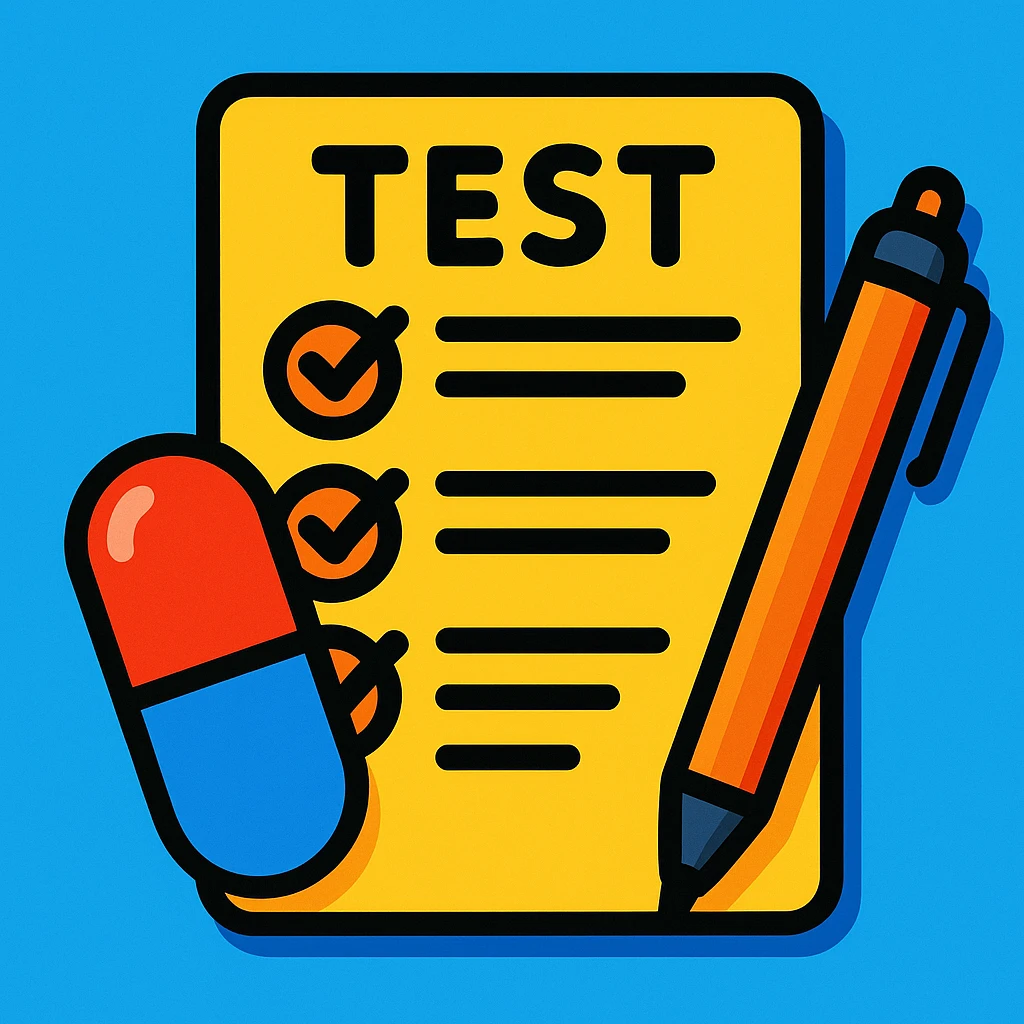 icon of a test paper with a pill and pen, cartoon style emoji