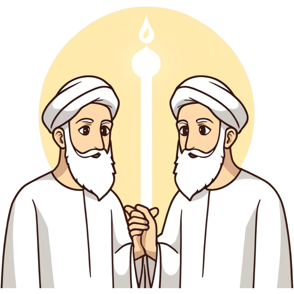 Imam Ali (as) and prophet Muhammad (pbuh) with white light from their faces. Also the prophet holding imam Ali’s hand just like the day of ghadeer  emoji