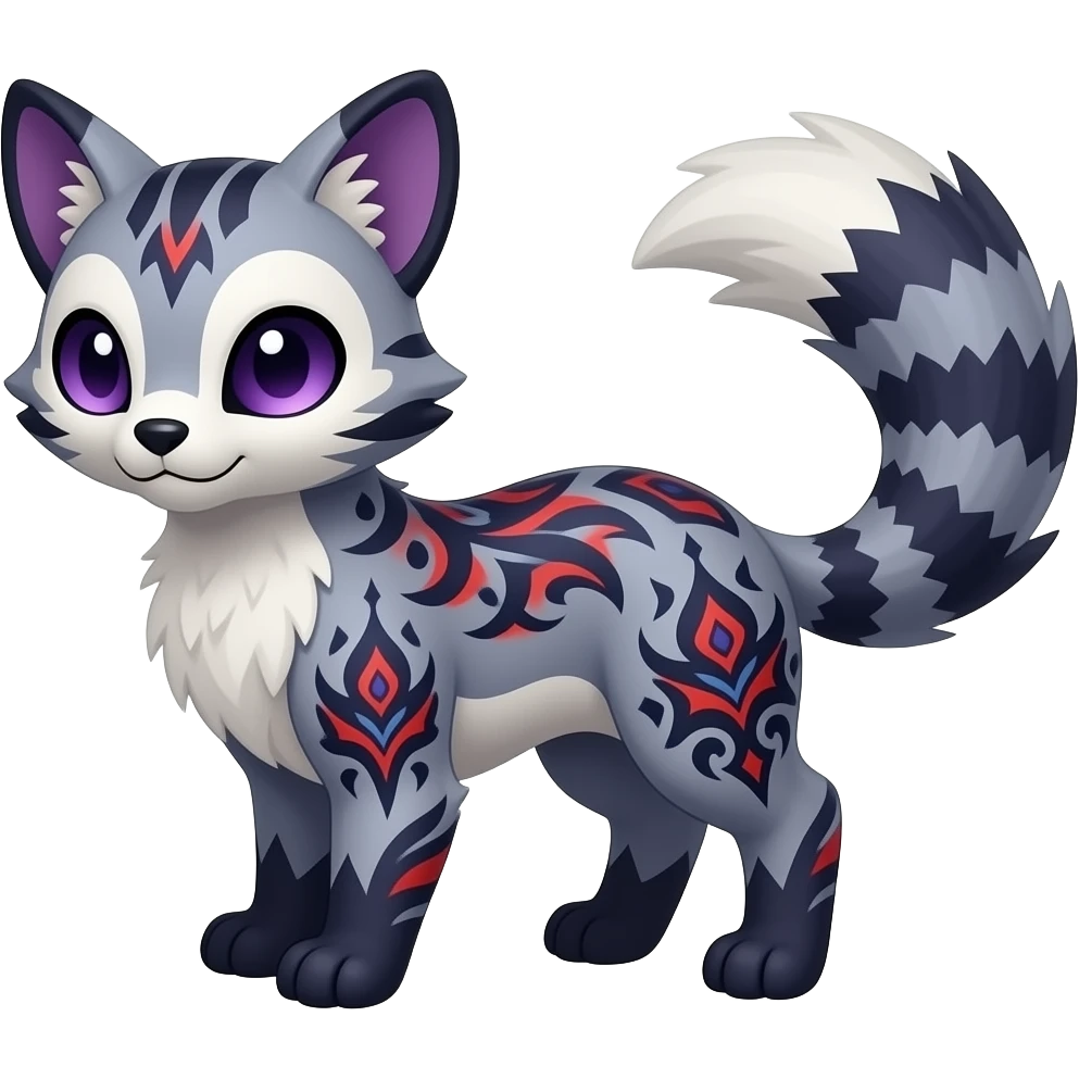 Rare warm-colored exotic gloomy tropical edgy cute epic aesthetic spooky indigo violet purple black red gothic colorful Salandit-Civet-species-Fakemon-hybrid-creature, with tribal tattoo markings, full body emoji