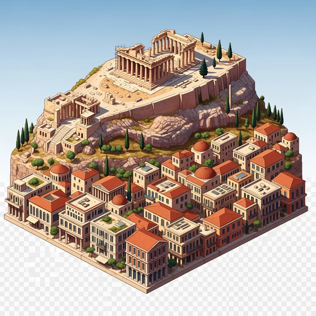 Isometric illustration of Athens, featuring the Parthenon on the Acropolis hill, highly detailed in semi-realistic style balanced between stylized and realistic, 3D miniature effect, transparent background. emoji