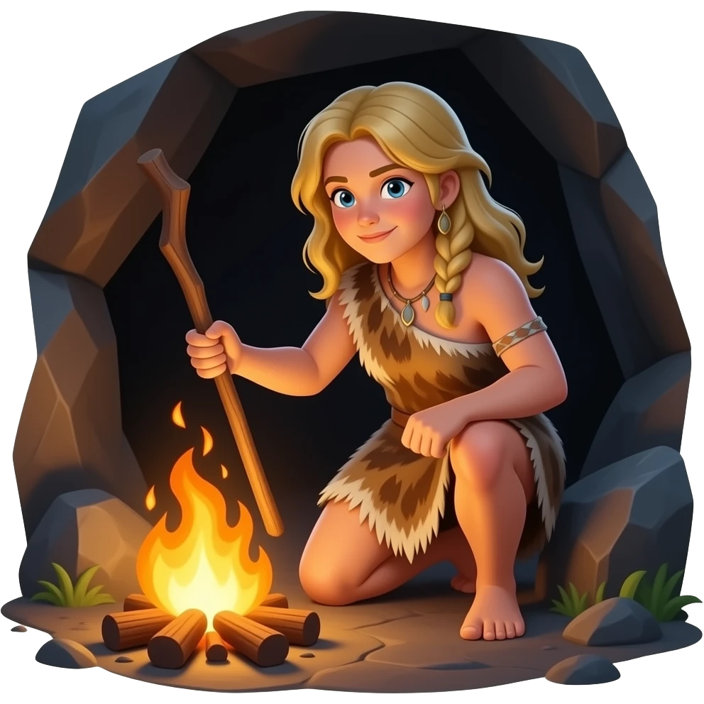 blonde cavewoman making fire emoji