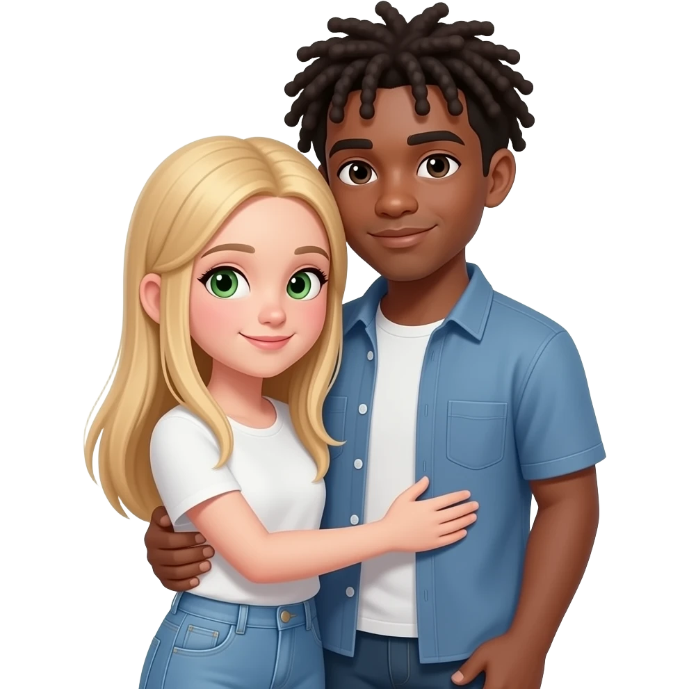 teen white girl with straight blonde hair and green eyes hugging teen black guy with dreads and no facial hair emoji