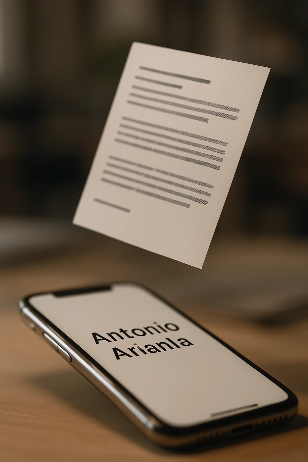 A photo of an iPhone with the message "Antonio Anania" on its screen, hovering over it is another document floating in mid-air, both surrounded by soft light and shadow. The phone sits atop a desk with a blurred background that suggests work environment. A faint glow from above casts gentle shadows across the surface of each object, creating depth and highlighting their textures. emoji