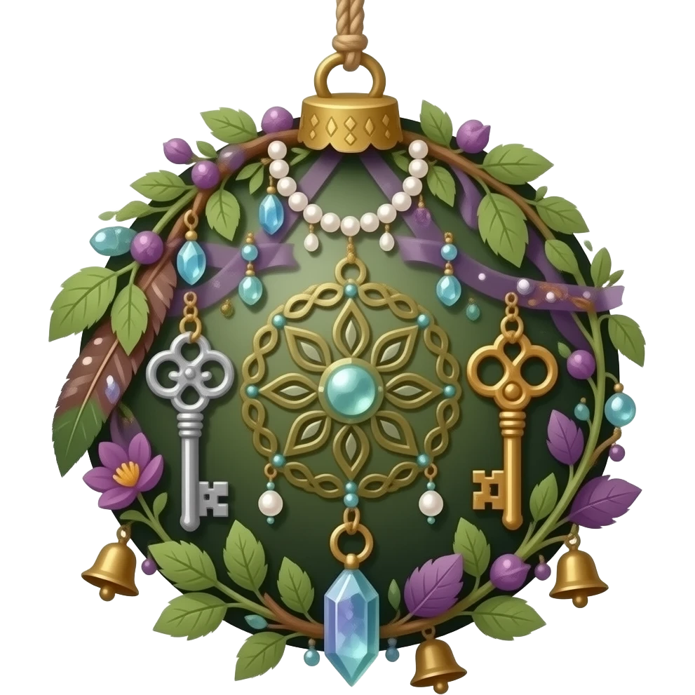 Cute beautiful realistic decorative aesthetic glorious beautiful pretty hunter-Forest-green and deep-dusty-violet circle hanging decoration With hangin bells, hanging keys, hanging trinkets, hanging feathers, hanging beads and pearls, ribbon, leaves, ivies, floral, fluorite crystals, etc. emoji