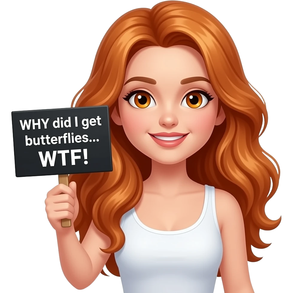 sexy girl with long wavy ginger hair and ginger eyes wearing a white tanktop is holding a black colored sign with WHY did I get butterflies... WTF! written on it emoji