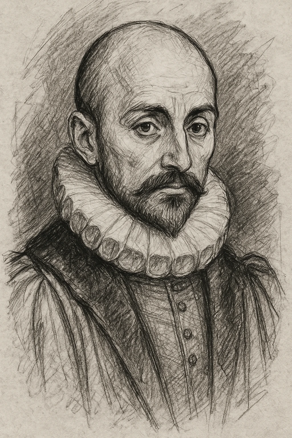 a hand drawn black outline portrait of philosopher Montaigne with similar-sized eyes based a famous portrait of him emoji