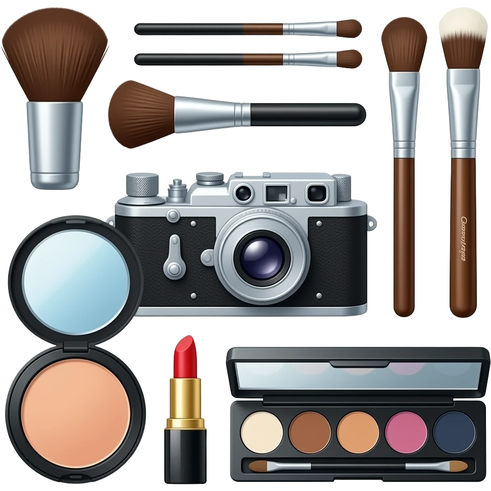 composition of make-up accessories with vintage camera compendium emoji