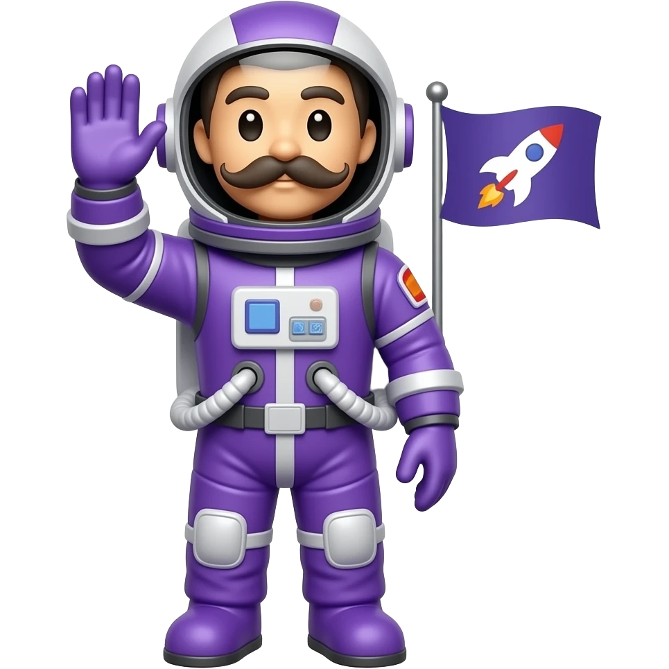Emoji de um astronauta meio roxo dando saudação para alguém. A bandeira no braço precisa ser algo comoo simbolo da rocketseat Mas é preciso que seja um astronauta de bigode , bigodão e o traje roxo mesmo, Não tenha simbolo na roupa emoji