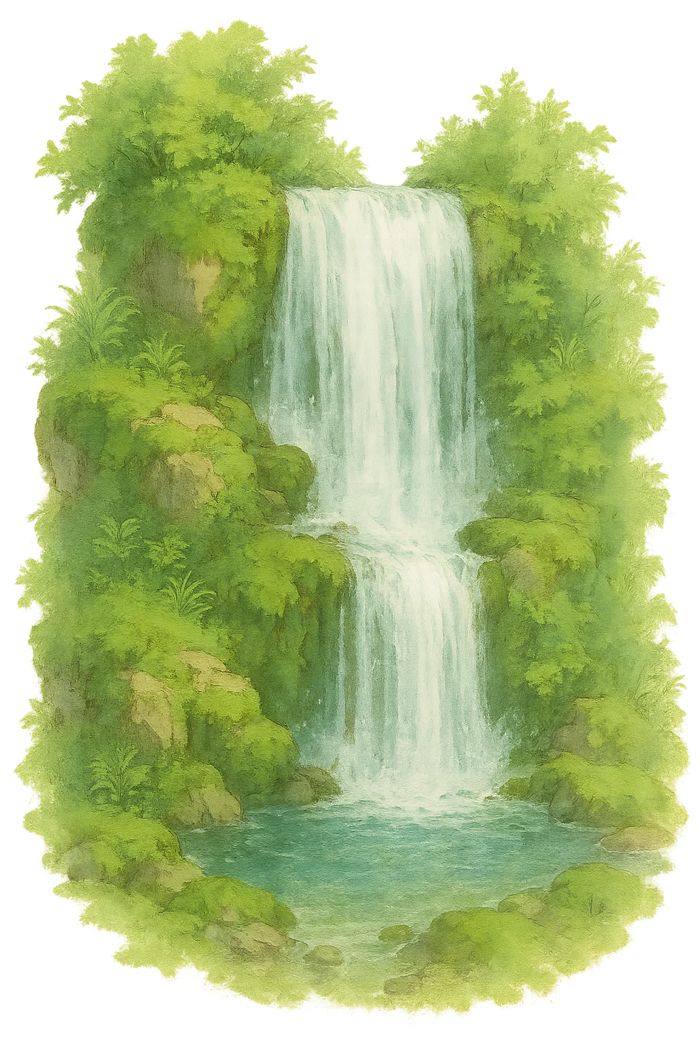 a realistic waterfall, natural colors, soft, fairy-like atmosphere, no background, square size emoji