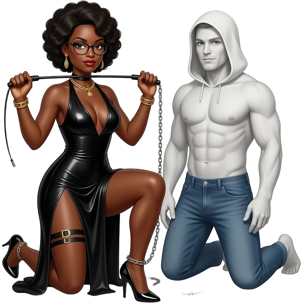 africaine dominatrice tres mince et tres  noire visage 50 ans fin lunettes debout robe decolletee profond fluide fendue  une jambe nue passant dans la fente fouet souple dans la main chaine dans la main droite droite talons aiguilles debout a genoux  homme blanc nu a genoux cagoule  t emoji