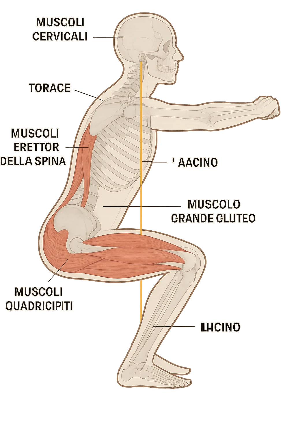 side view of a human figure performing a squat, with transparent overlays showing the skeletal structure. A straight line or highlighted axis connects the pelvis (bacino) and the ribcage (torace), demonstrating correct alignment. Key muscles involved in maintaining posture are labeled. Clean, educational style, white background. emoji