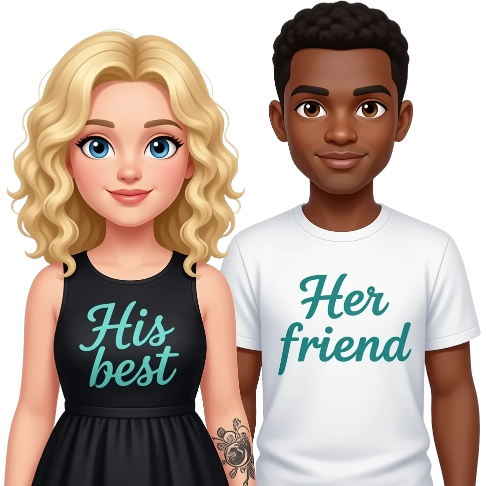 Plus size girl, Blonde curly hair, blue eyes, black tattoos on right lower arm, wearing no sleeve black summer dress saying “His best” written in teal cursive writing & African American man with black hair, brown eyes, NO facial hair, saying “Her friend“  on his shirt emoji