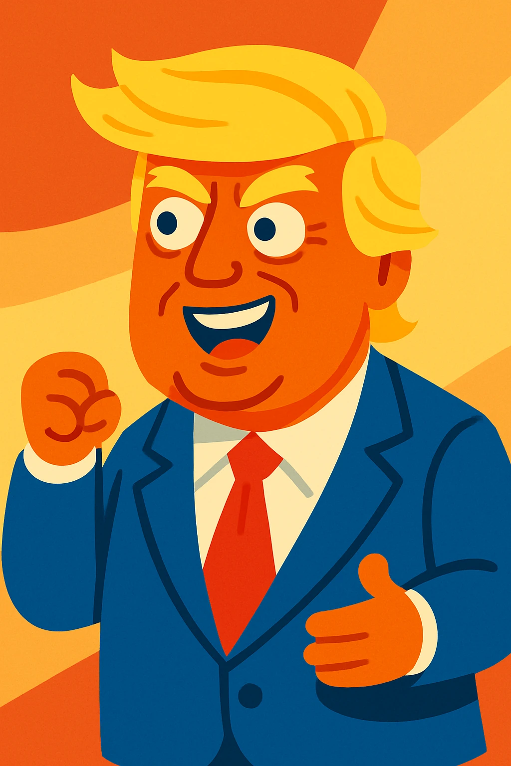 Donald Trump in a playful cartoon style, orange-tinted skin, signature blond hair, blue suit, red tie, expressive face, no text emoji