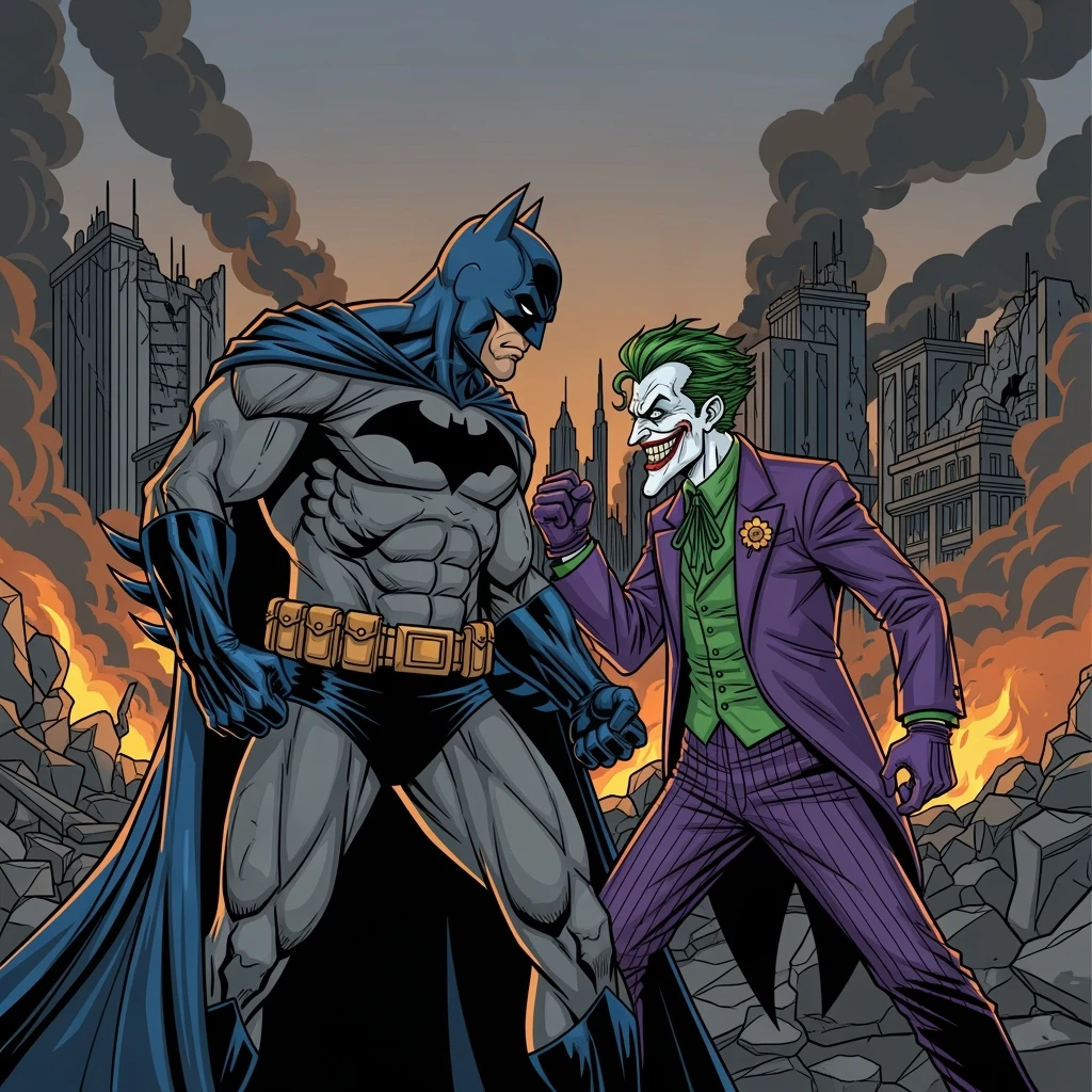 vector art of batman and joker, battleground background 
 emoji