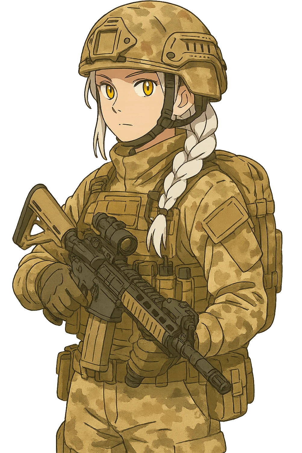 1 female, gold yellow eyes, long white hair, braid, sandstorm soldier, pmc emoji