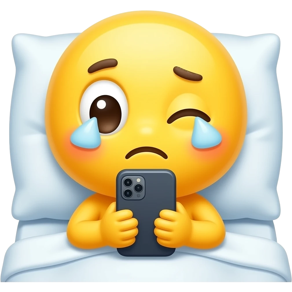 Cute & funny good morning yellow emoji face that looks tired with bags under eyes and has only one eye open and the other eye shut checking phone messages in bed emoji