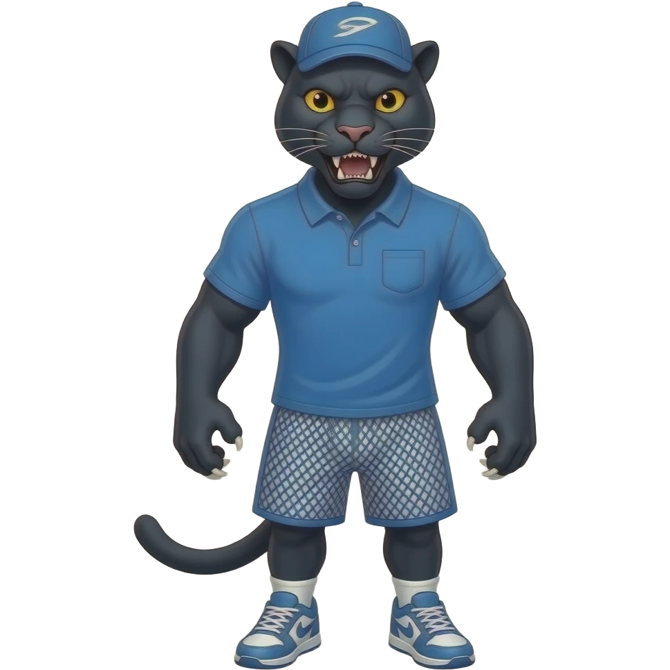 hazme una pantera imponente fuerte y poderosamostrando garras y comlillos con polo azul y gorra deportiva liza y pntalones de mesquilla sin tenis emoji