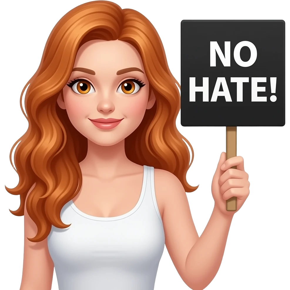 sexy girl with long wavy ginger hair and ginger eyes wearing a white tanktop is holding a black colored sign with NO HATE! written on it emoji