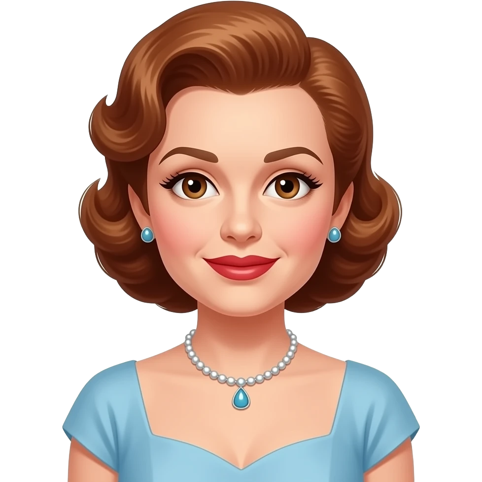 Judy Garland with brown eyes, auburn 40s pin-up hair, light blue hollywood dress, necklace and earrings emoji