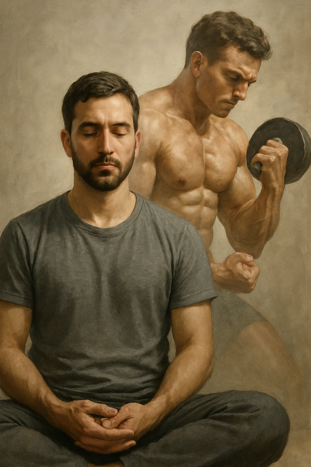 realistic style, expressive details, man sitting visualizing himself training and growing muscular through the power of the mind, 2:3 aspect ratio emoji
