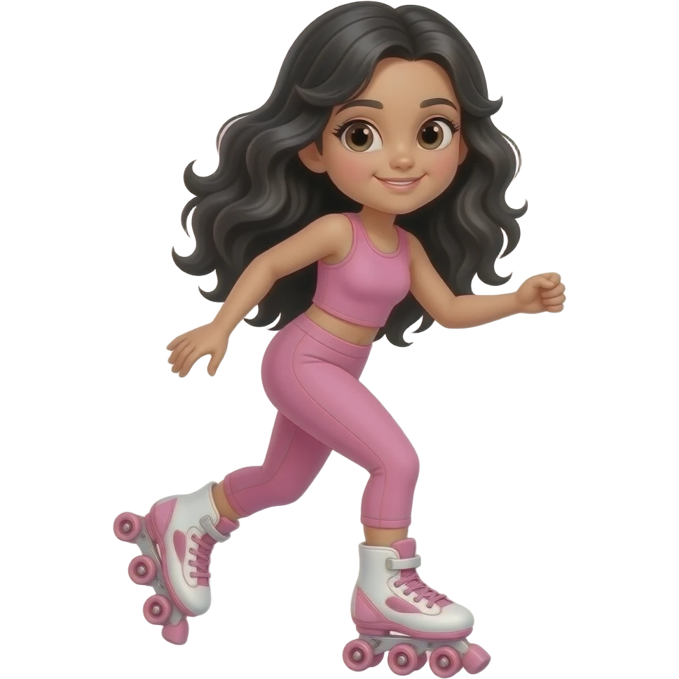 young girl, black waves long hair, pink complete top and leggings, rollerblading emoji