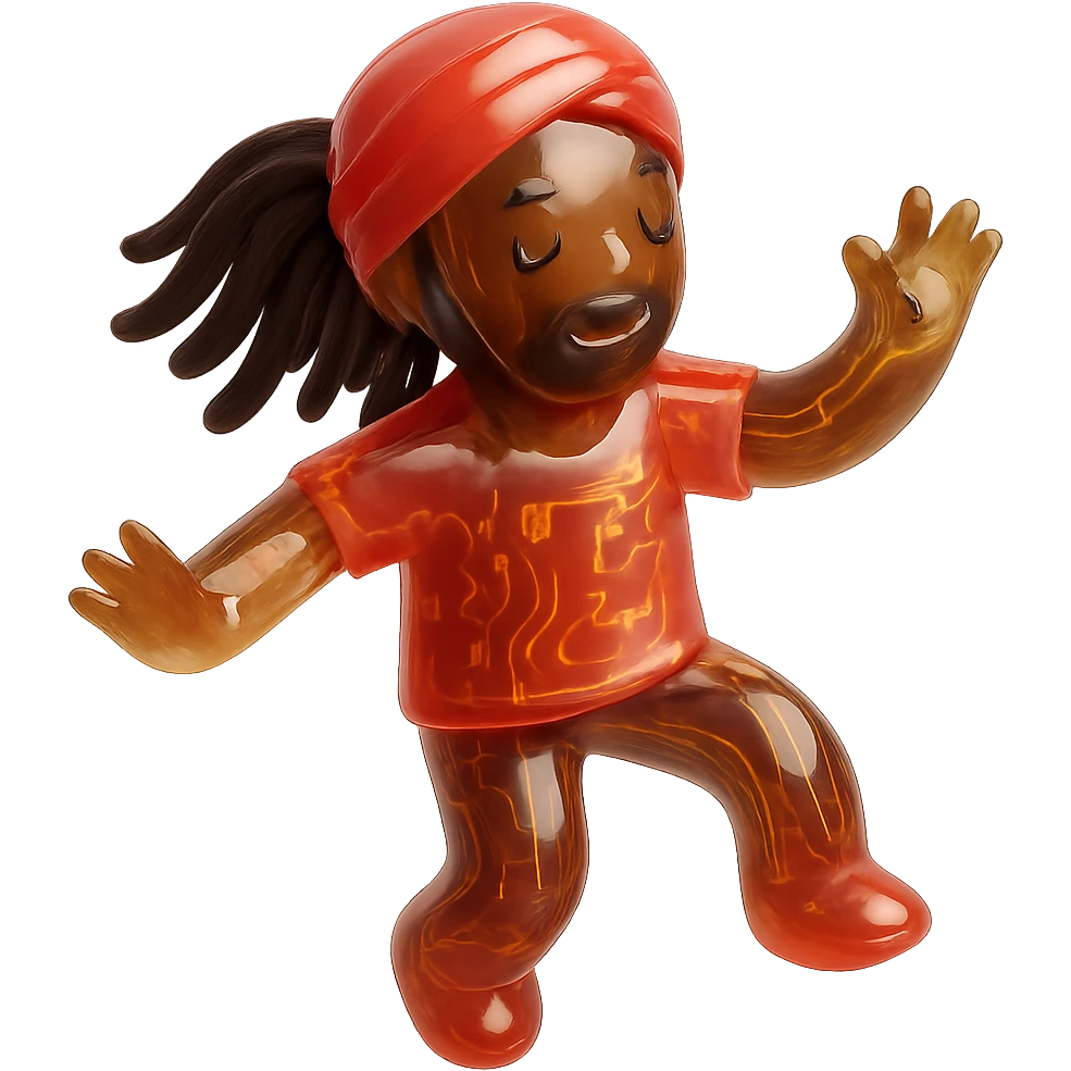 Brownskin man with long brown dreadlocks 
red t-shirt 
red turban 
expression is dance emoji