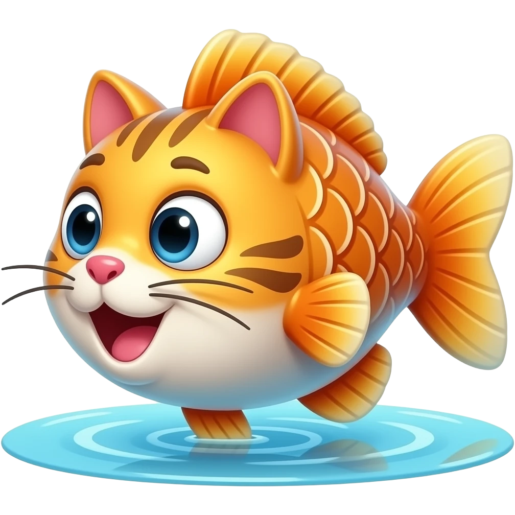 A humorous, exaggerated literal interpretation of “Catfish”. 
A fish with cat features like whiskers and ears swimming in water. 
Cartoonish, playful, colorful, 3D illustration, funny concept. 
Clean background, center composition, no text, no watermark. emoji