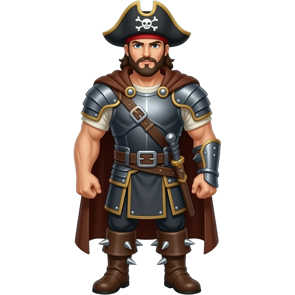 Bir adam olsun ve zırhı olsun ve kafasında korsan şapkası olsun boynunda pabyonu olsun ayagında çiviler olsun çiviler nerede sağ kolu nun yarısı olmasın sol kolu kaslı olsun korsan şapkasının üzerinde kral tacı açık emoji