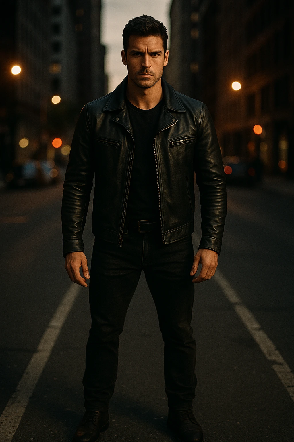 A confident, strong man standing in the middle of a city street at dusk, wearing a black leather jacket and boots, sharp jawline, intense gaze. Radiating masculine energy. Cinematic lighting, moody urban background, dramatic shadows, shallow depth of field. 35mm film style emoji