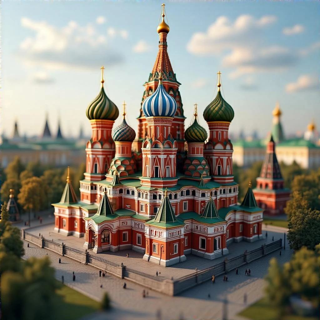 Изометрическая фотореалистичная иллюстрация-модель Собора Василия Блаженного, текстуры с чёткими, но мягкими контурами, баланс между стилизацией и реализмом, эффект миниатюры, без мультяшности, прозрачный фон. emoji