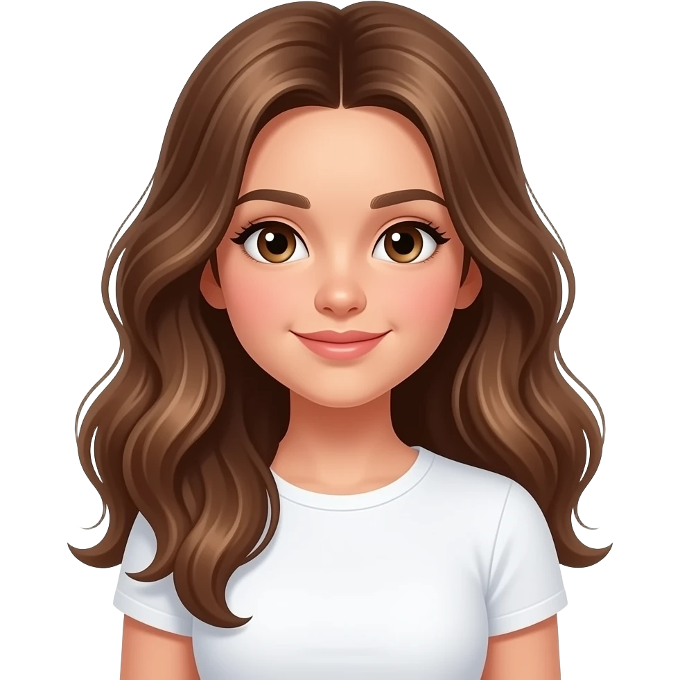 a 13 year old girl long pretty wavy brown hair light brown highlights extremely tan white tight shirt emoji