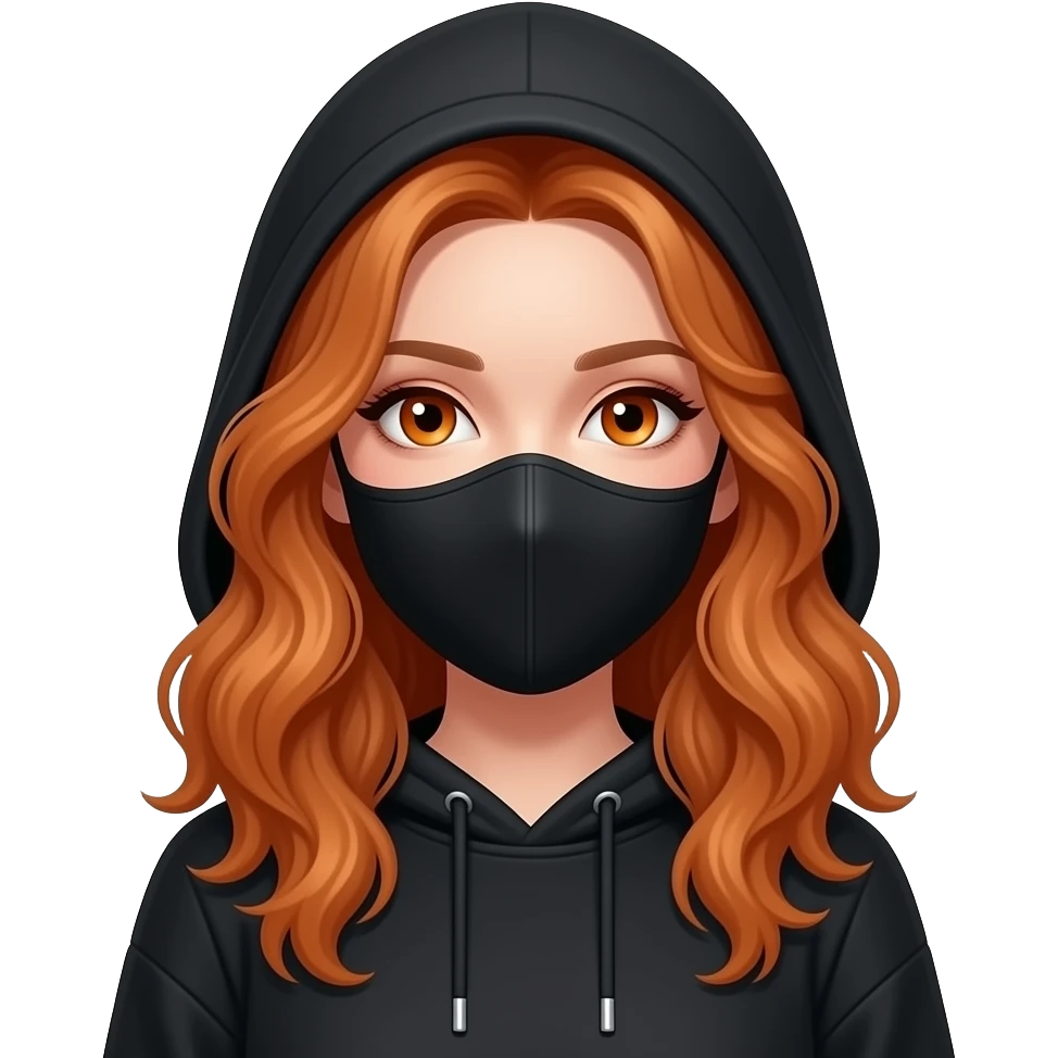 sexy girl with long curly ginger hair and ginger eyes wearing a black hoodie with the hood atop her head and a black mask emoji