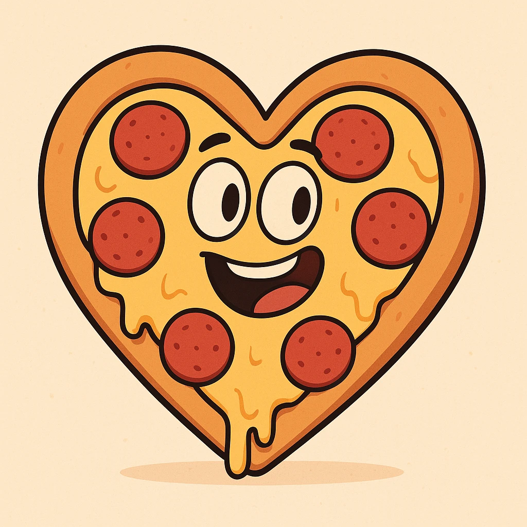 a heart-shaped pizza, cartoon style, with cheese and pepperoni, playful and colorful emoji