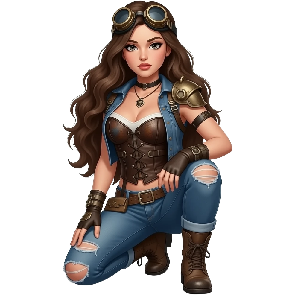 Sexy girl with long brown hair dressed in steampunk mad max apocalyptic style outfit with sexy twist emoji