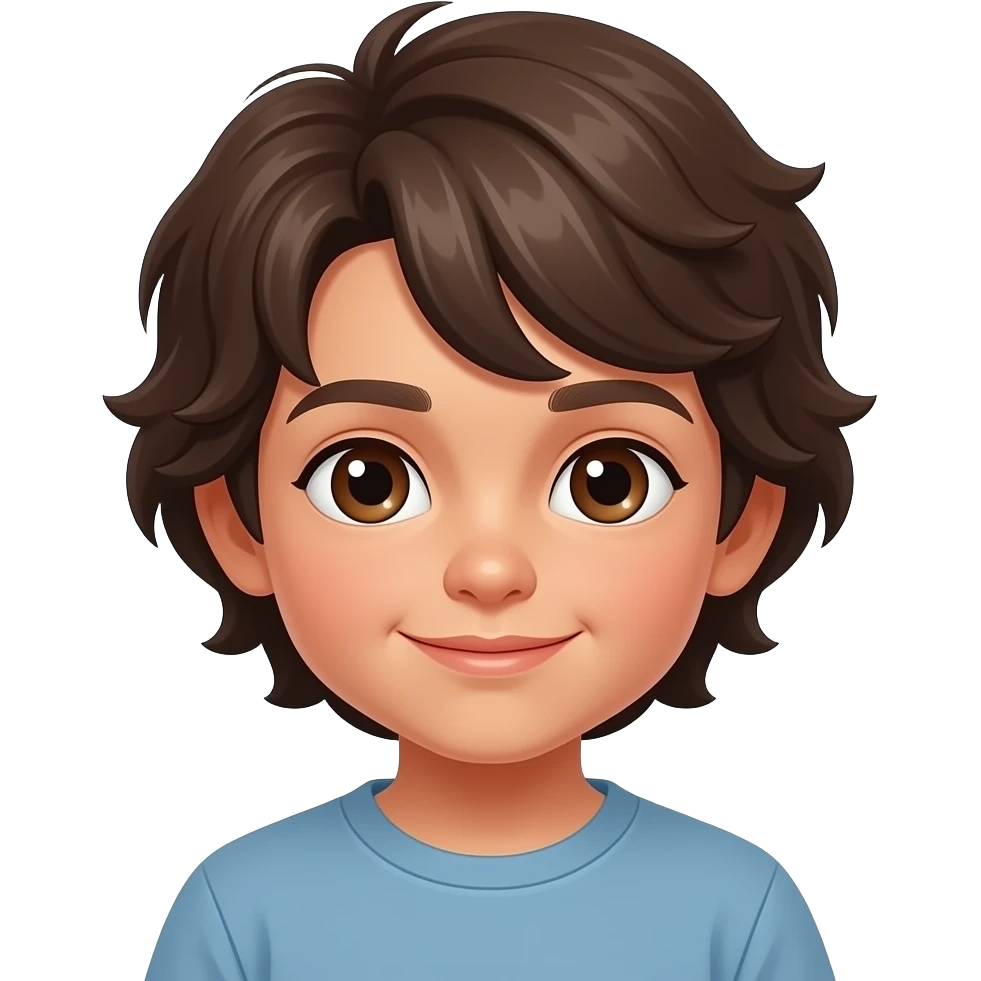 Niño pequeño con pelo marrón oscuro medio largo y ondulado, piel un poco morena y los ojos marrones emoji