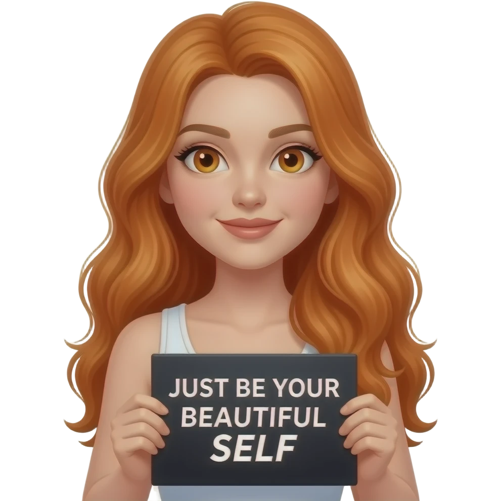 sexy girl with long ginger hair and ginger eyes wearing a white tanktop is holding a black sign with JUST BE YOUR BEAUTIFUL SELF written on it emoji