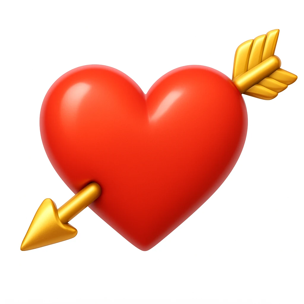A 3D emoji in iOS emoji aesthetic style of a red heart pierced by a golden arrow, symbolizing love and romance, glossy and smooth surface, bright and cheerful lighting, clean white background emoji