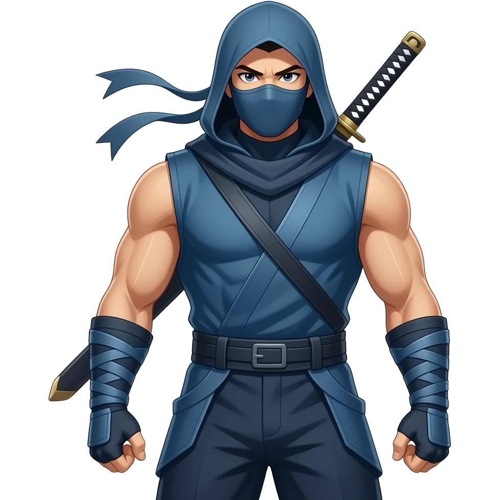 Anime Ninja all dark cyan with hood sleeveless cyan masks look superstrong and sword in back and ninja dark cyan pants very tall full body emoji