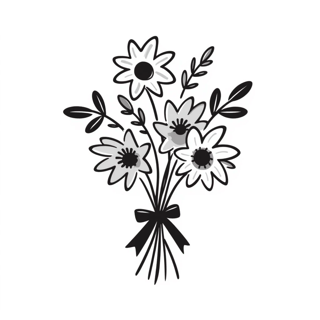 A beautiful bouquet of mixed flowers with ribbon in pastel colors (dd9fb0, ffc6d3, a3bfc9, c4bee2, f1b091), hand-drawn doodle style emoji