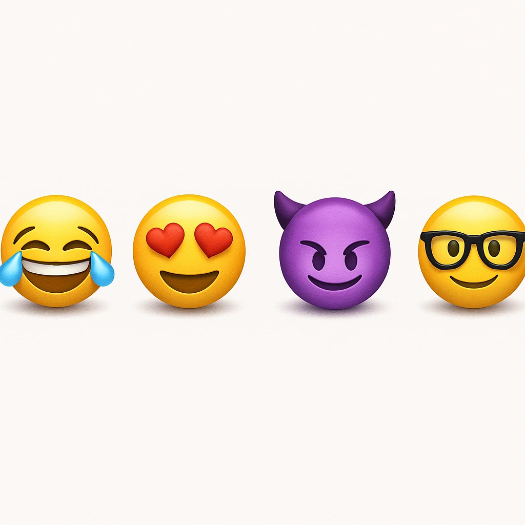 make four emojis on white background with good amount of shadow, four emojis of smiley's only. one laughing, second heart eyes, third purple devil and four black glasses emojis  emoji