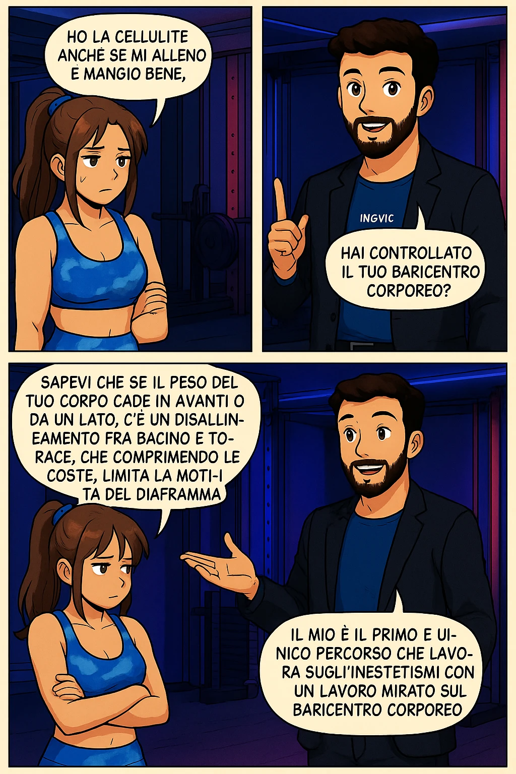 PRENDI SPUNTO DA QUESTO STILE FACENDO UN WEBTOON/MANGA:

LEI: Ho la cellulite anche se mi alleno e mangio bene, cosa posso fare?

LUI: Hai controllato il tuo baricentro corporeo?
LUI: Sapevi che se il peso del tuo corpo cade in avanti o da un lato, c’è un disallineamento fra bacino e torace, che comprimendo le coste, limita la motilità del diaframma e l’ossigenazione dei tessuti?
LUI: Il mio è il primo e unico percorso che lavora sugli inestetismi con un lavoro mirato sul baricentro corporeo. emoji