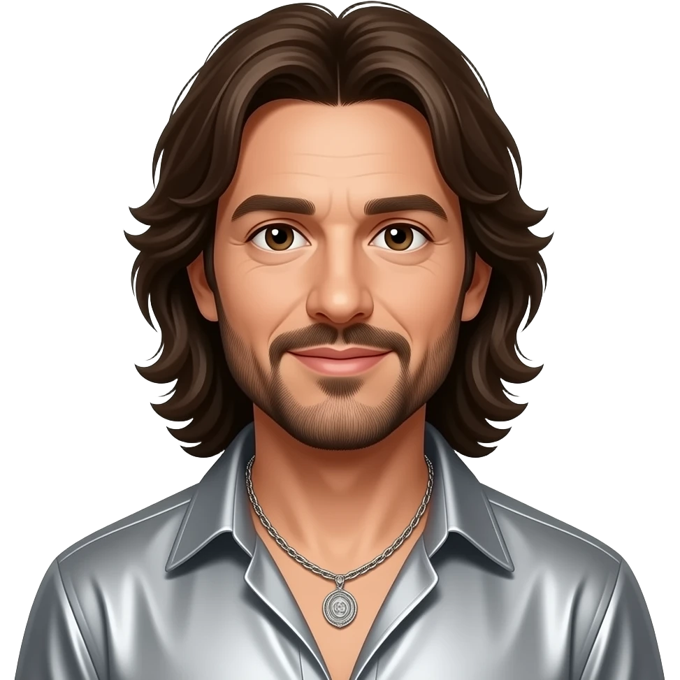 Barry Gibb from Bee Gees with brown eyes, long dark brown hair and short beard, silver metallic open shirt, necklace emoji