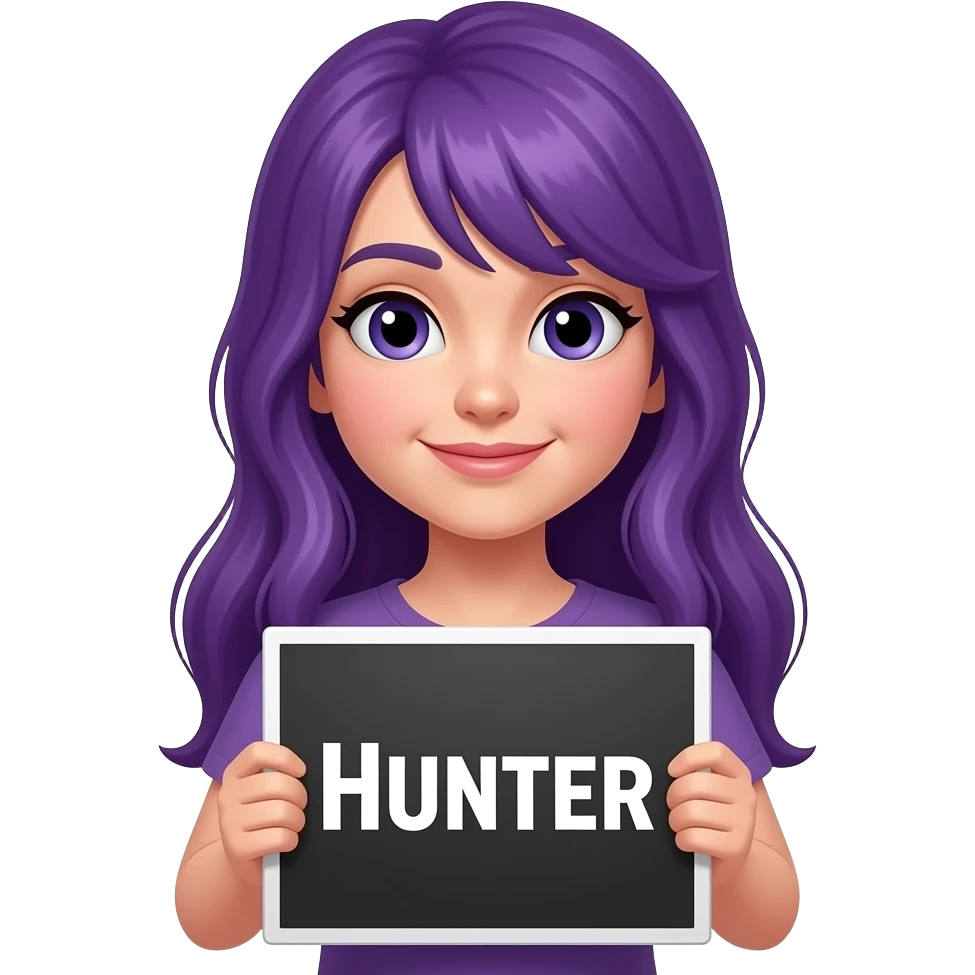 girl with long purple hair with a HUNTER sign emoji