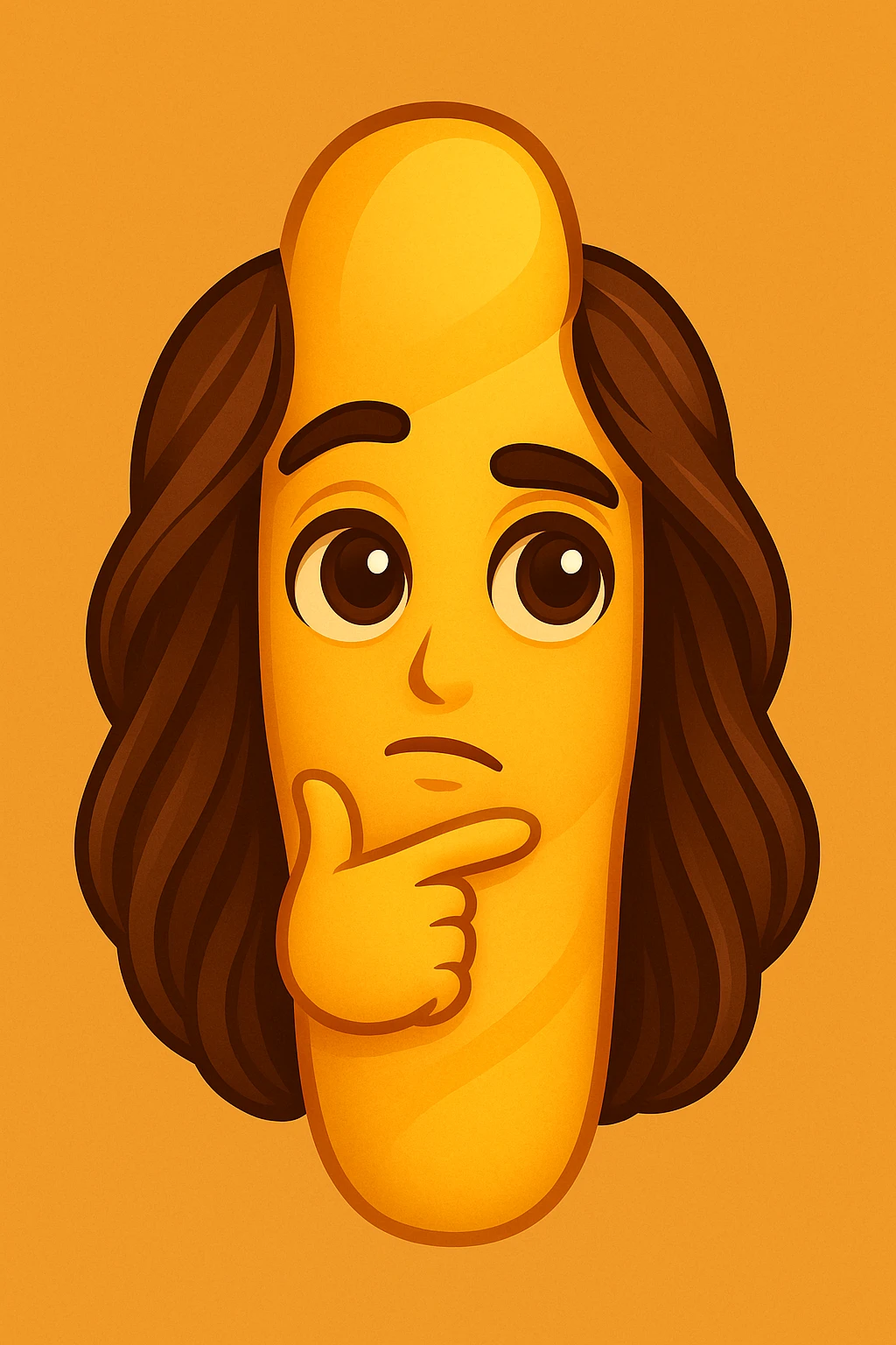 Create a cartoon style emoji in the shape of a breadstick with a thoughtful expression. The emoji should faithfully capture the facial features of the person in the reference photo: large, deep eyes, prominent eyebrows, closed mouth, delicate features, and long stylized hair on the sides of the breadstick. Use warm colors and convey a friendly, charming atmosphere. emoji