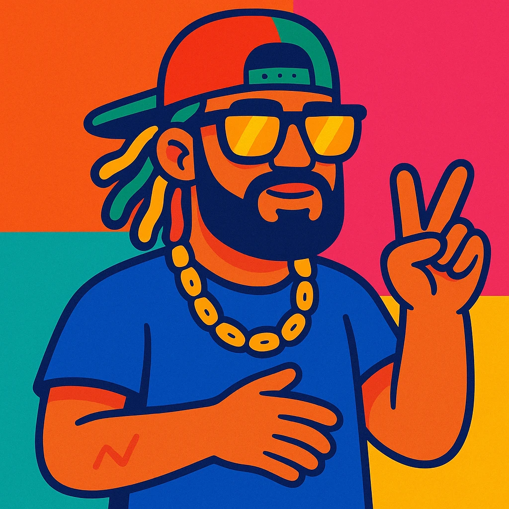 hombre reggaetoonero con barba, lentes grandes, actitud relajada emoji