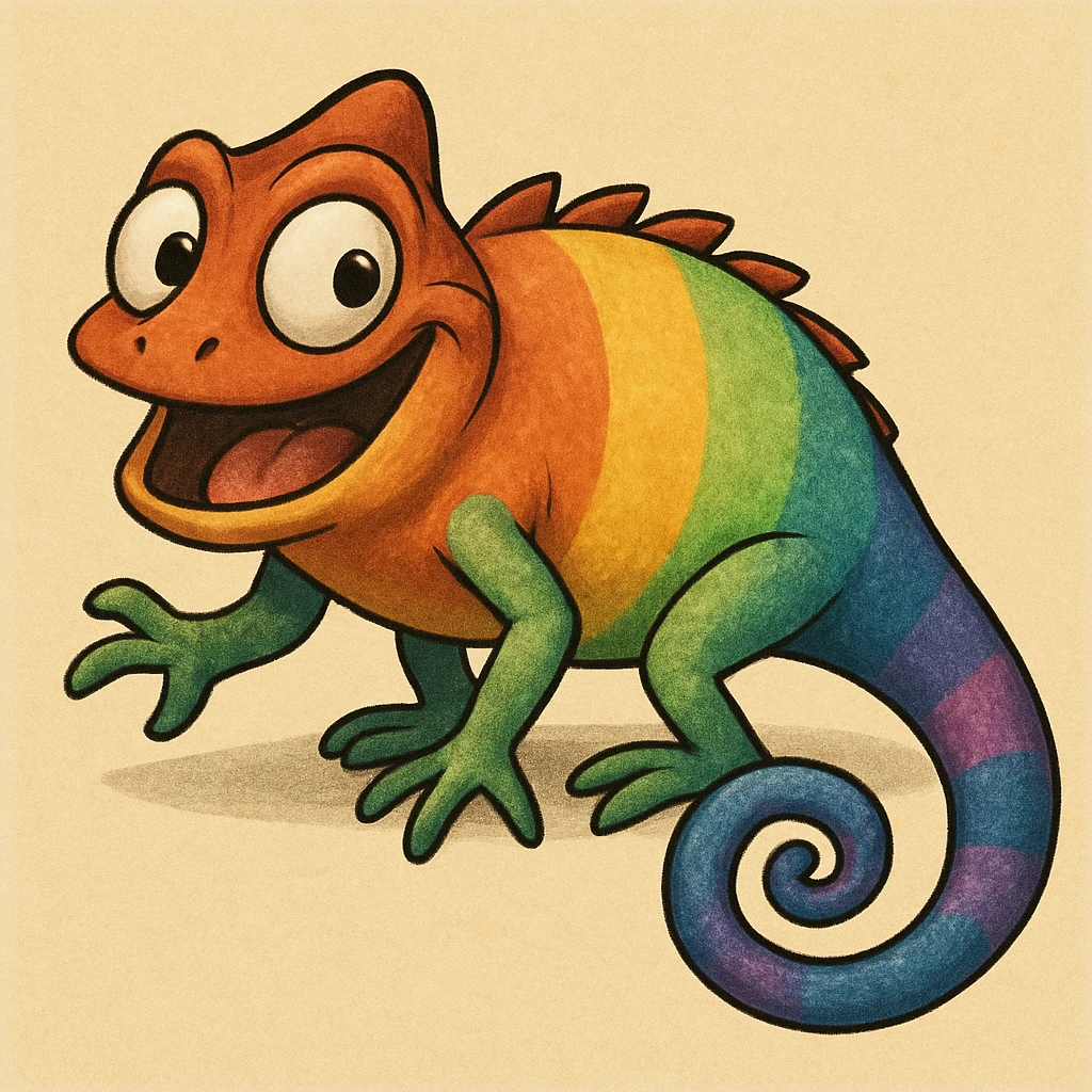 Make the rainbow chameleon more detailed with added texture and shading, keeping the playful cartoon style and vibrant colors. Enhance the cartoonish features with more depth and shading. emoji