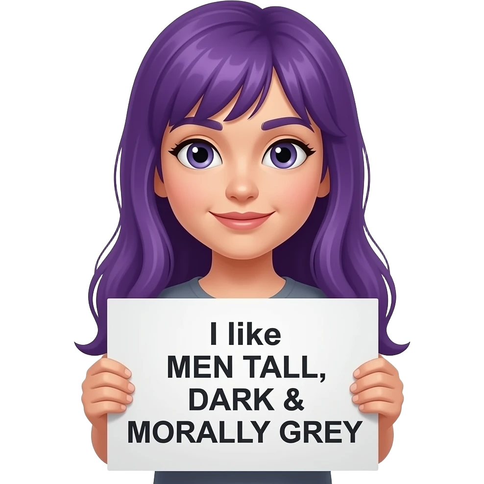 girl with long purple hair holding a I like MEN TALL, DARK & MORALLY GREY sign emoji