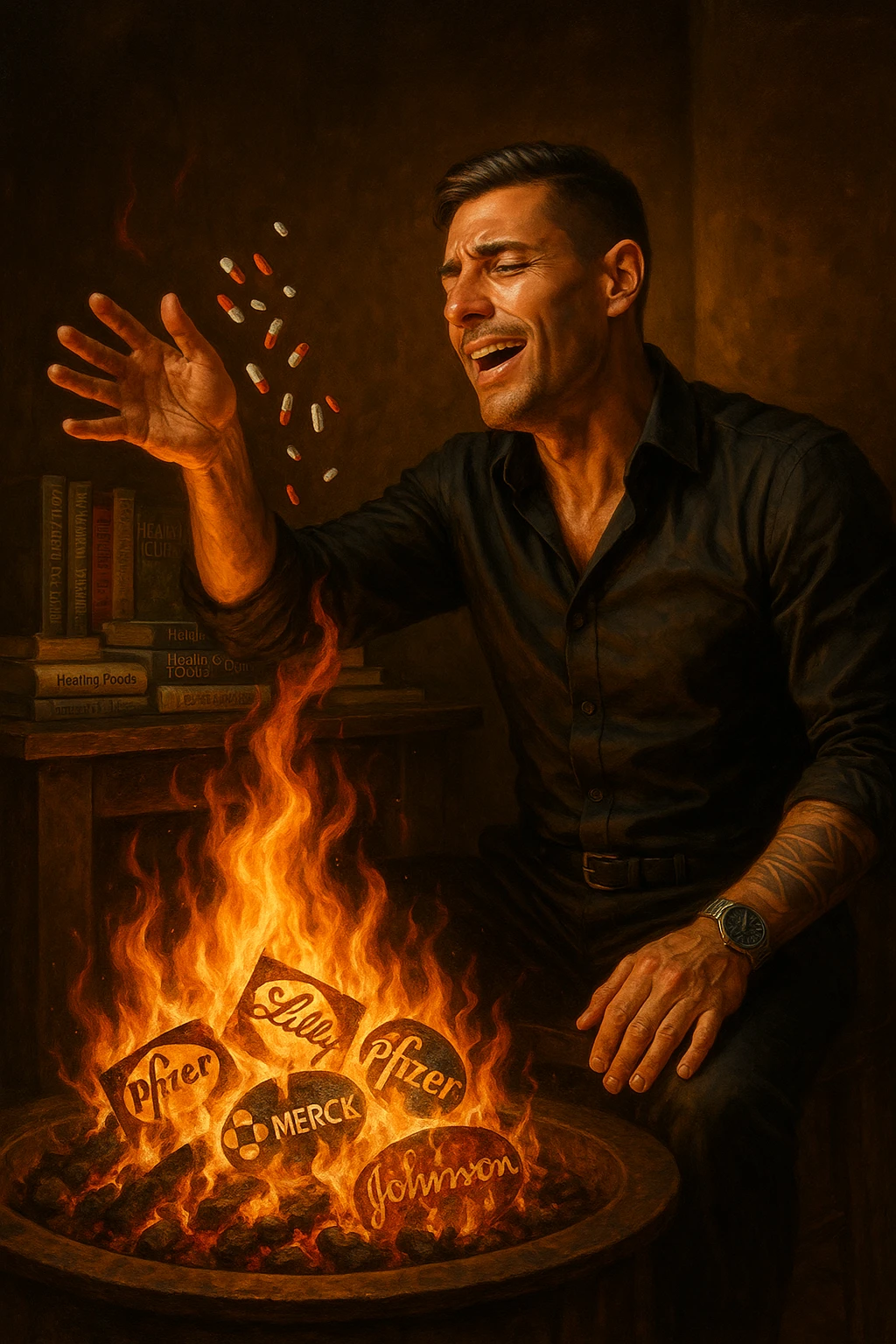 "Enlightened man throwing antidepressant pills into fireplace, flames consuming what he sees as chemical poison, expression of liberation from psychiatric medication, Big Pharma logos melting in the fire, natural healing books spread on table behind him, pharmaceutical slavery being broken through pill destruction, mental clarity returning as drugs burn" emoji